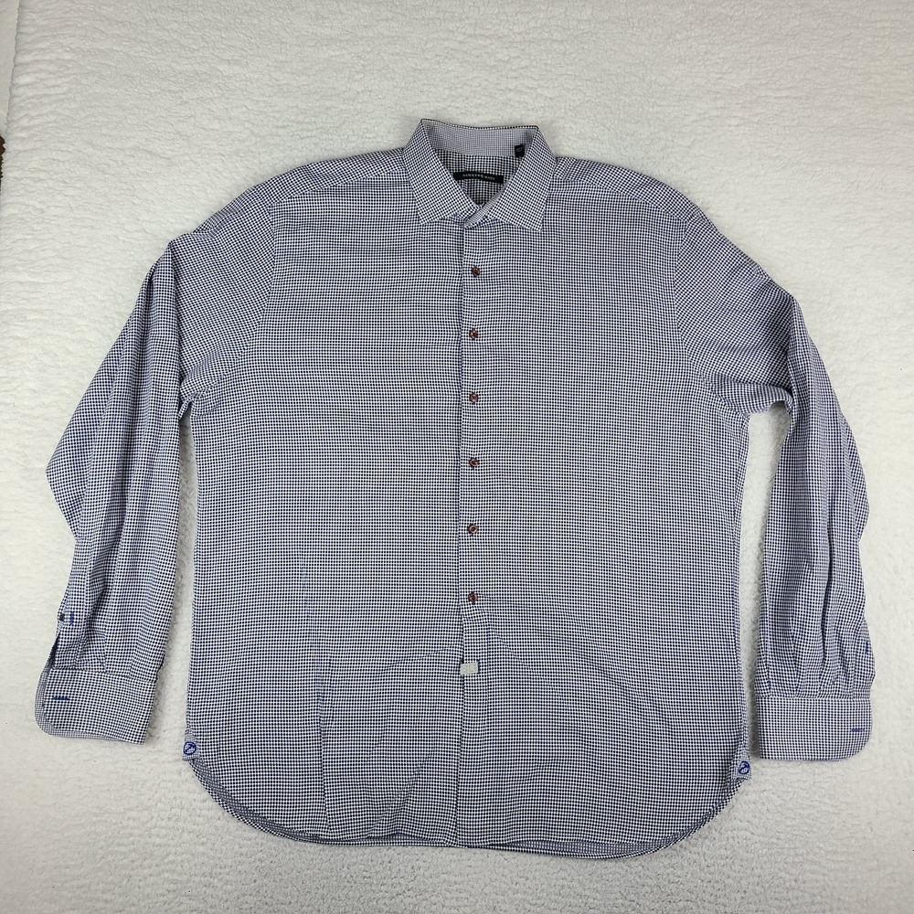 Hammer Made Dress Shirt Mens 18.5 / 46 Blue Brown Dot 100% Cotton Button Up